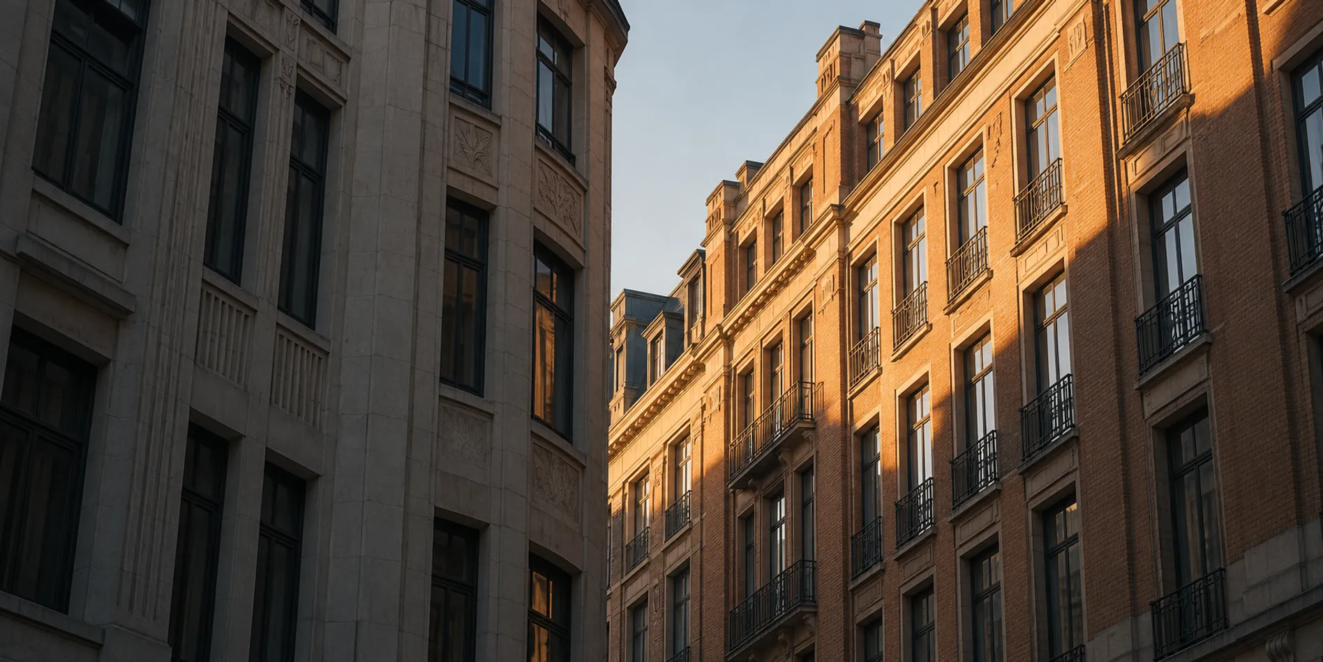 Soleil du matin sur une façade en briques avec des balcons en fer forgé, à côté d'une façade claire en pierre naturelle dans une ville belge